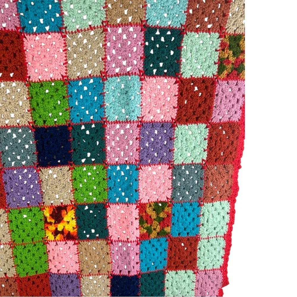 Handmade Crochet Afghan Throw Multicolored Granny Square Blanket 43x136
